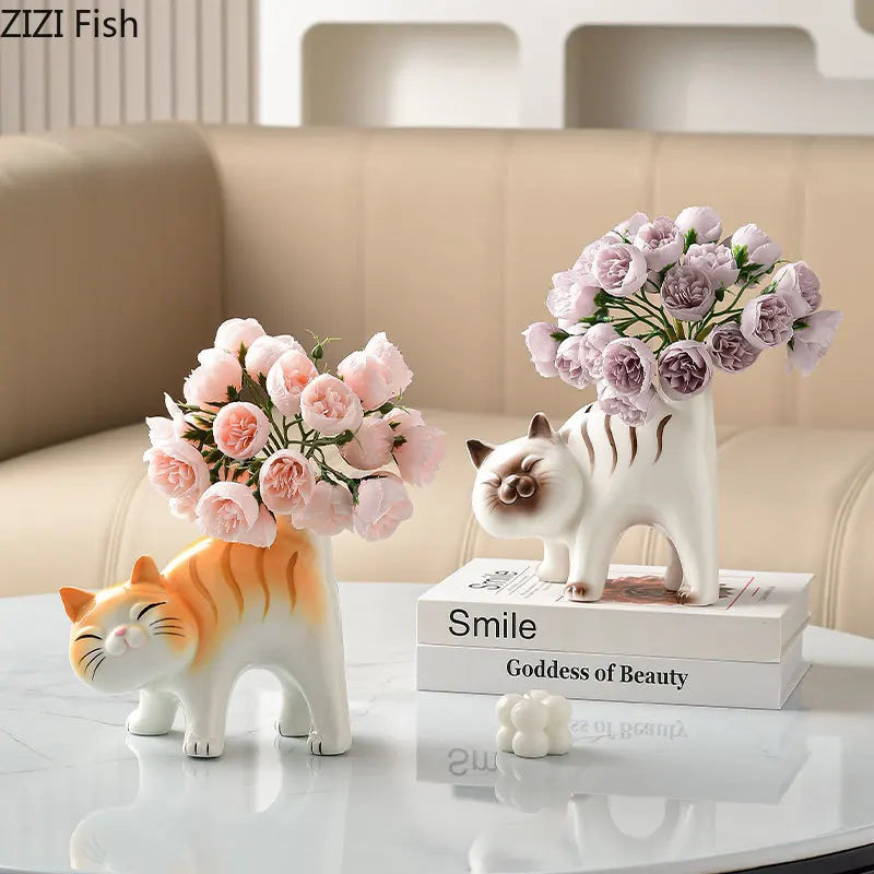 Siamese Kitten Ceramic Vase by Afralia™ - Table Decoration for Flowers