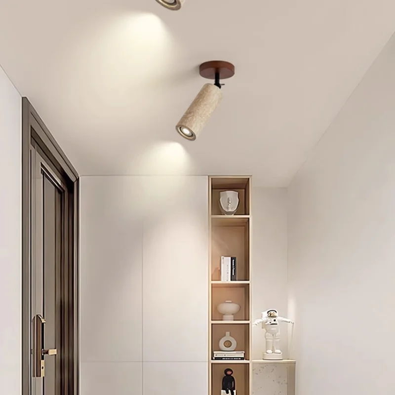 Afralia™ Yellow Travertine LED Ceiling Light with Wood Base Flush Mount Fixture