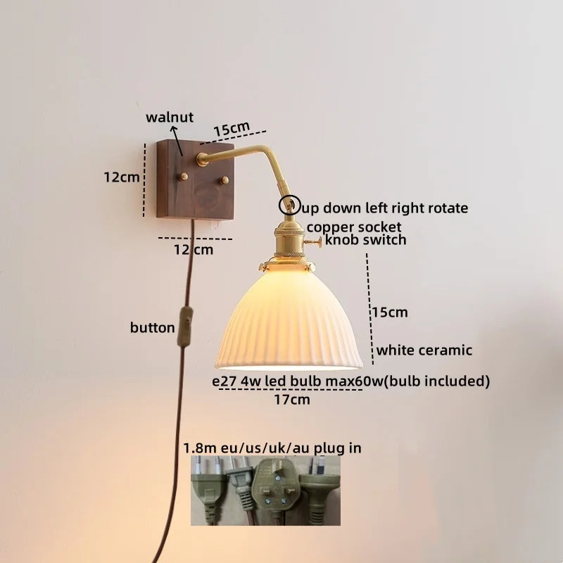 Afralia™ Walnut Copper LED Wall Lights Fixture with Pull Chain Switch - Modern Bedside Lamp