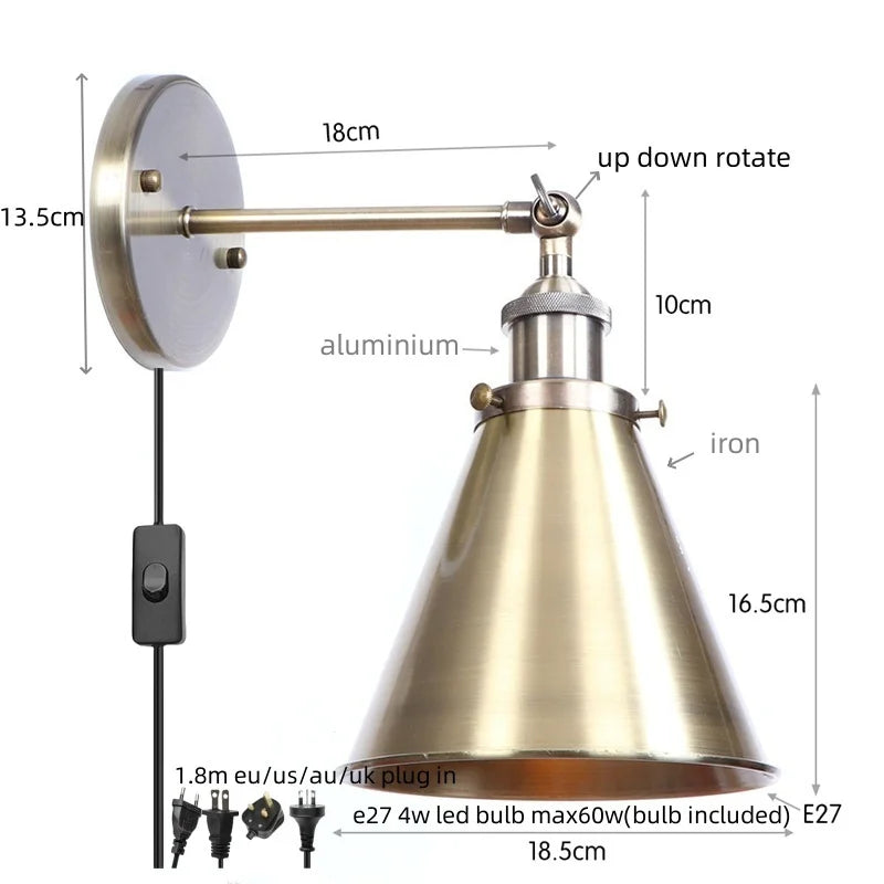 Afralia™ Vintage Industrial Gold Iron Wall Lamp for Restaurant Bedroom Stair Lighting
