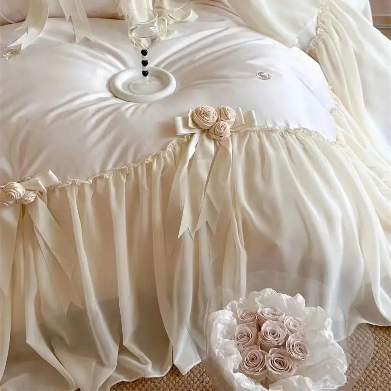 Afralia™ Romantic Rose Lace Ruffles Princess Wedding Bedding Set - 1200TC Egyptian Cotton