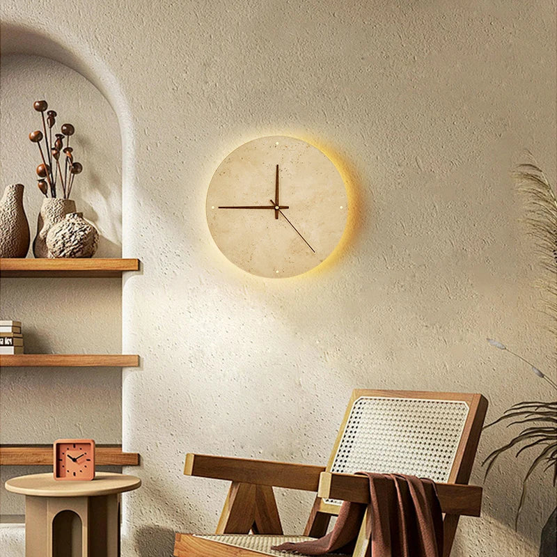 Afralia™ Vintage Wabi Sabi Yellow Travertine LED Wall Clock for Home and Bedroom