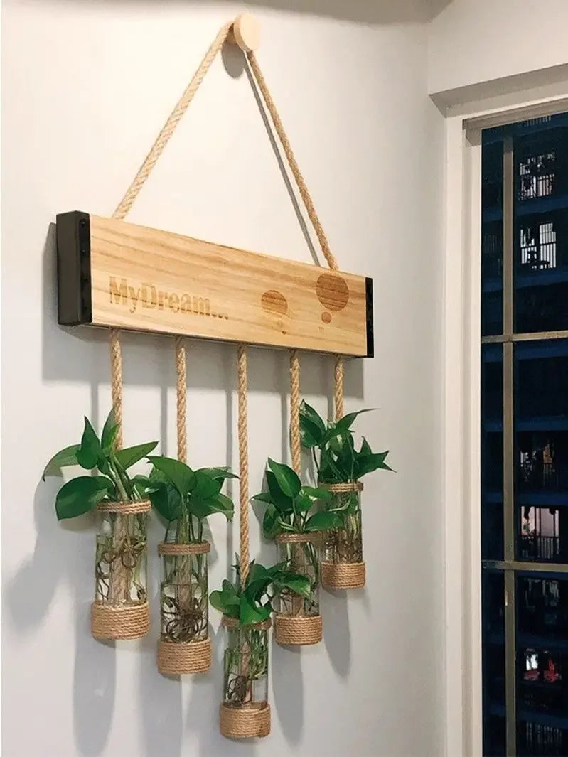Afralia™ Glass Planter Vase with Wooden Stand for Wall Hanging Display