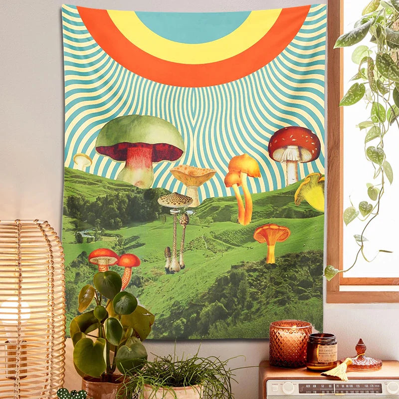 Psychedelic Mushroom Mountain Tapestry by Afralia™ - Hippie Bohemian Wall Decor