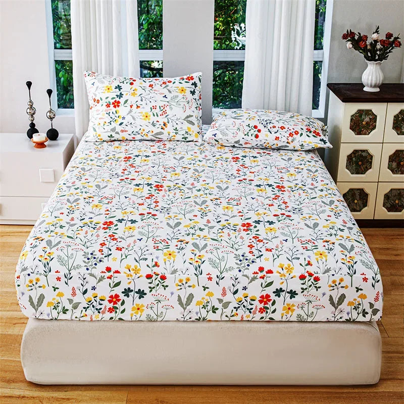 Floral Print Fitted Sheet & Pillowcase Set by Afralia™ for All Seasons