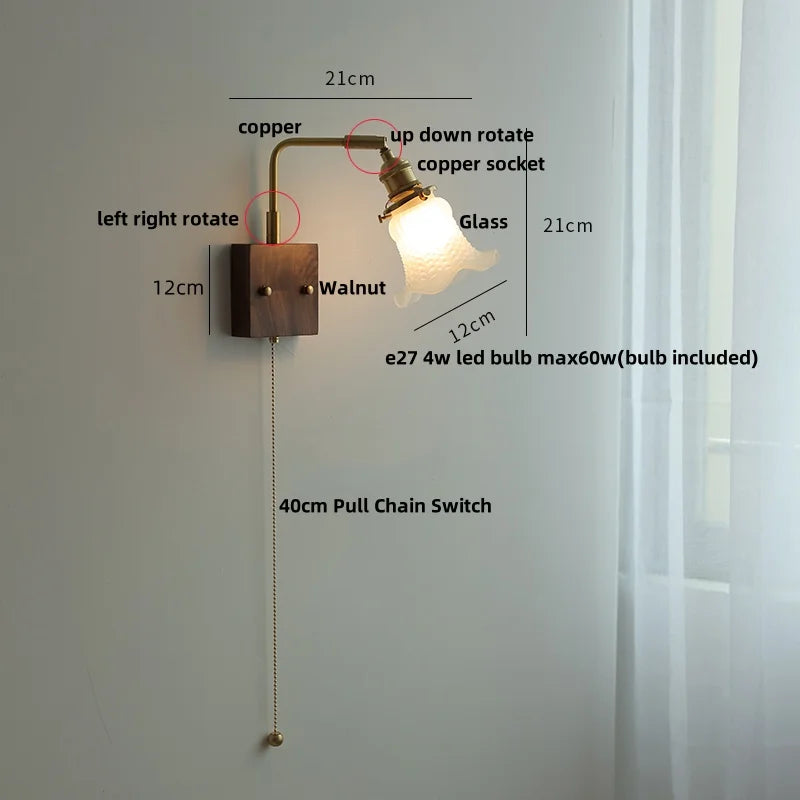 Afralia™ Amber Glass LED Wall Sconce with Walnut Wood, Pull Chain Switch for Living Room