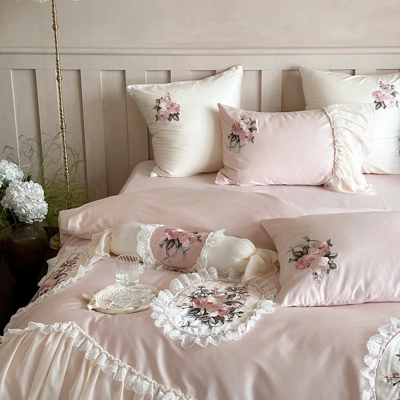 Afralia™ Pink Flowers Lace Ruffles Wedding Bedding Set 1000TC Egyptian Cotton Décor