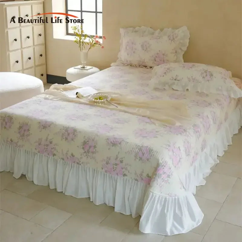 Afralia™ Cotton Floral Ruffles Quilted Bedspread Set with Pillowcases