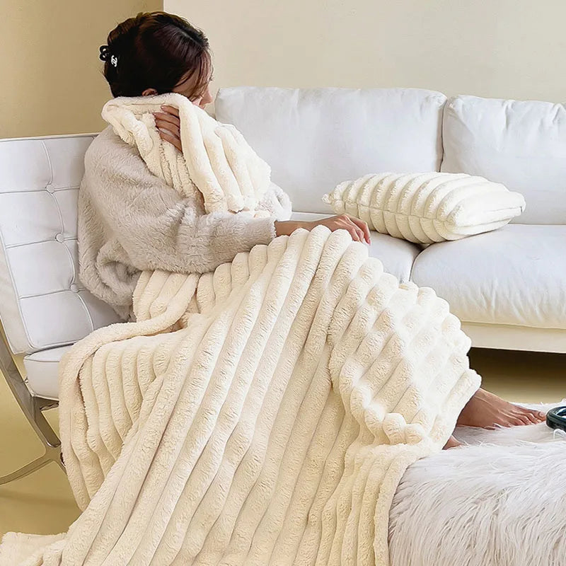 Afralia™ Faux Rabbit Plush Striped Blanket: Nordic Coral Velvet Carpet for Napping & Quilting.