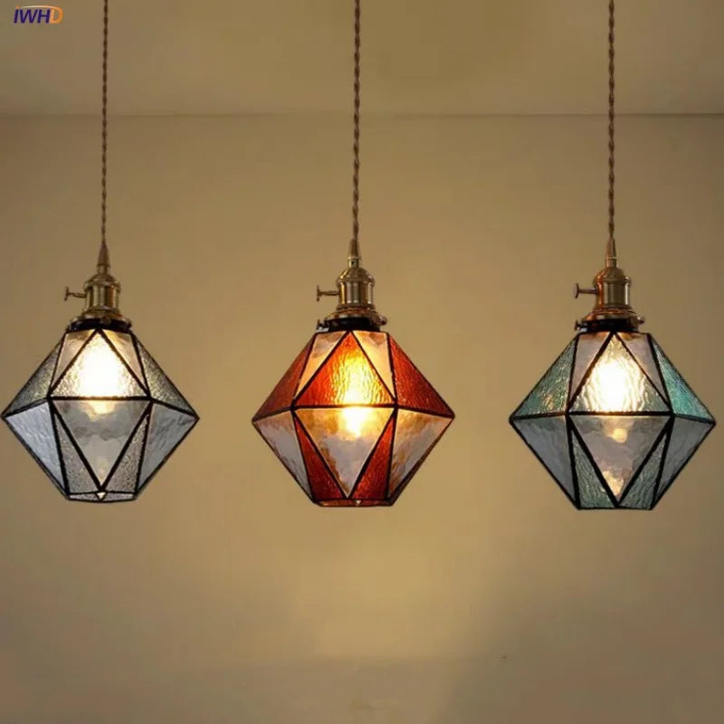 Afralia™ Brass Vintage LED Pendant Light Fixture Walnut Wood Glass Dining Room Lights