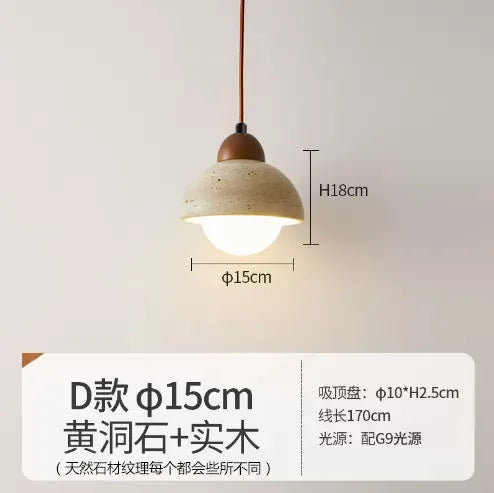 Afralia™ Japanese Wooden Stone Chandelier Pendant Light, Wabi-Sabi Style Yellow Cavity-Stone Lamp