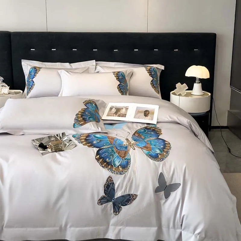 Afralia™ Butterfly Embroidery Bedding Set: King/Queen/Ru Size Bed Linens, Sheet, Pillowcase, Comforter Cover