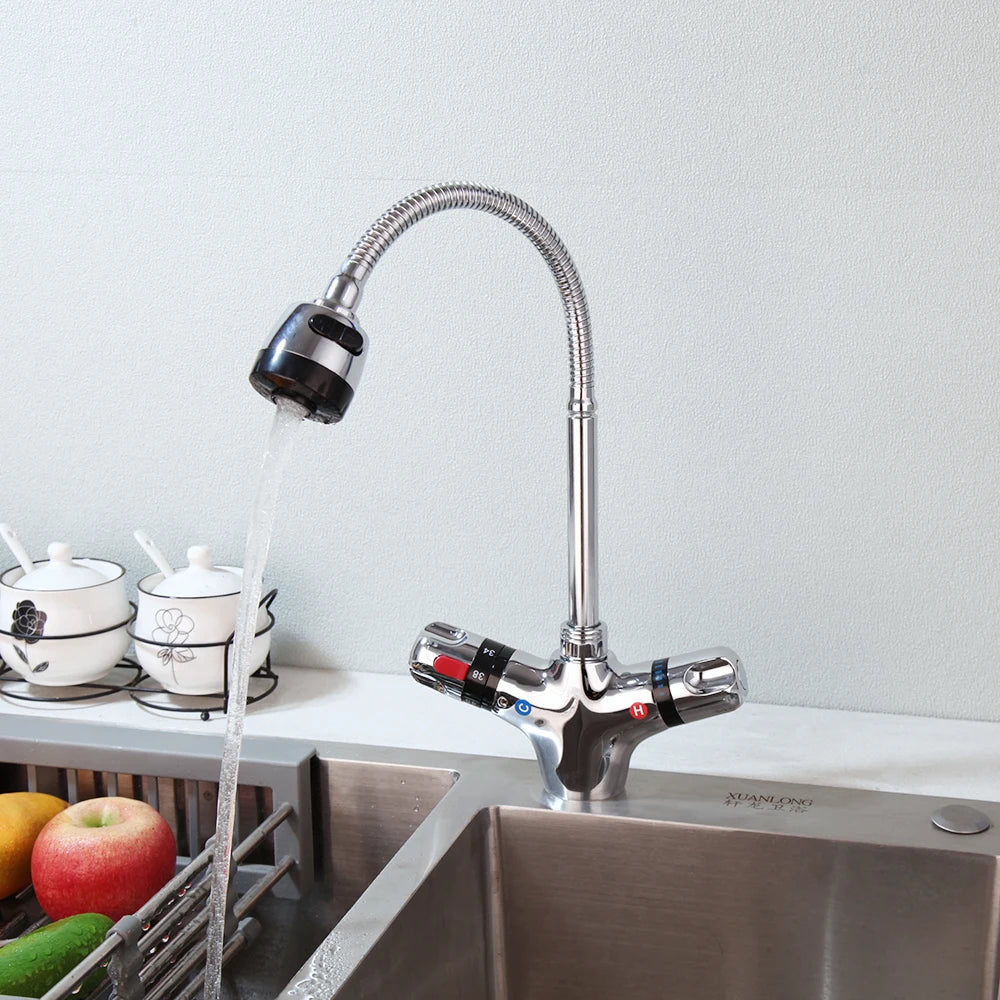 Afralia™ Brass Kitchen Sink Faucet w/ Swivel Spout & Thermostatic Control