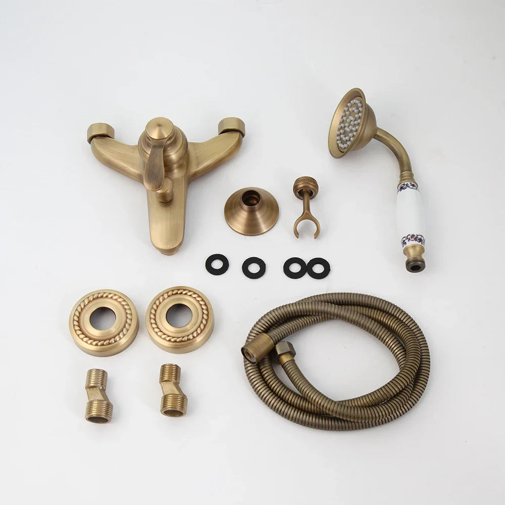 Afralia™ Antique Brass Wall Mounted Shower Faucet Set with Hand Shower Head