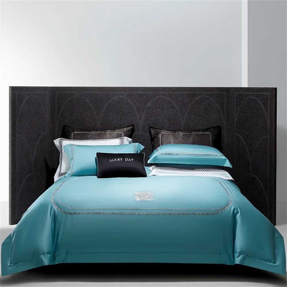Afralia™ Cotton Satin Jacquard Embroidery Bedding Set with Elastic Sheet & Duvet Cover