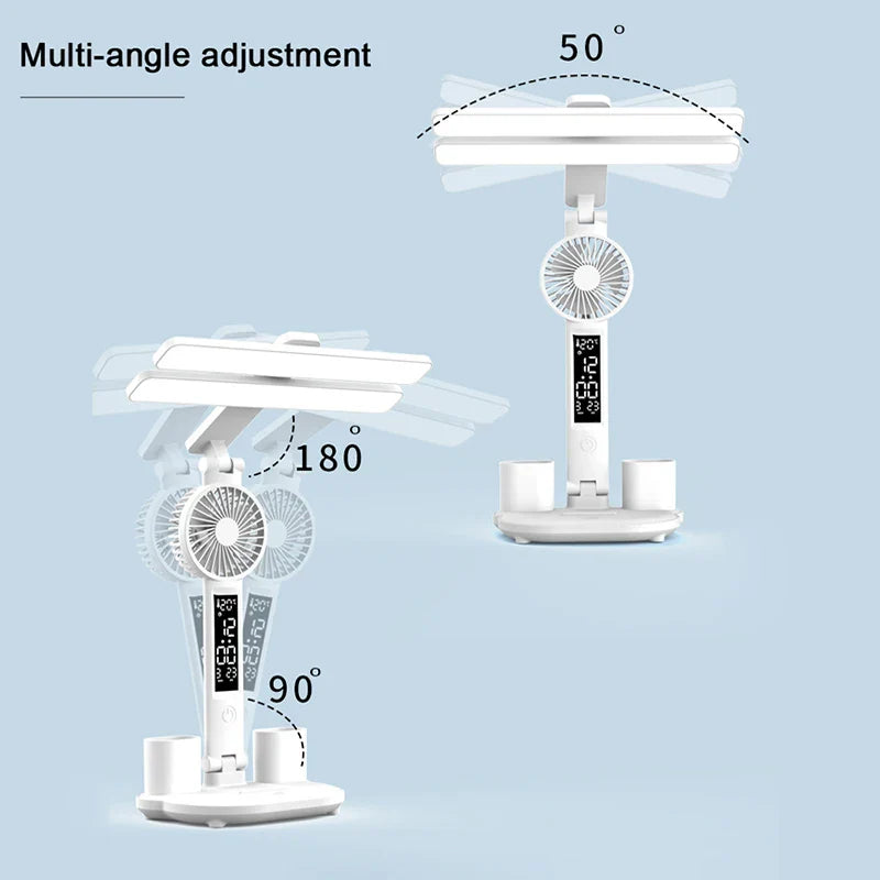 Afralia™ Rechargeable LED Desk Lamp with Fan, Clock Display and Reading Light