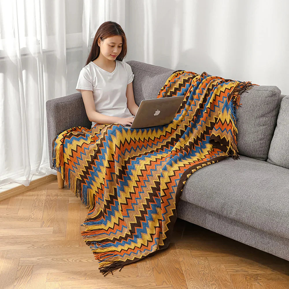 Afralia™ Bohemian Knitted Blanket with Tassels, Oversized Vintage Style Blanket