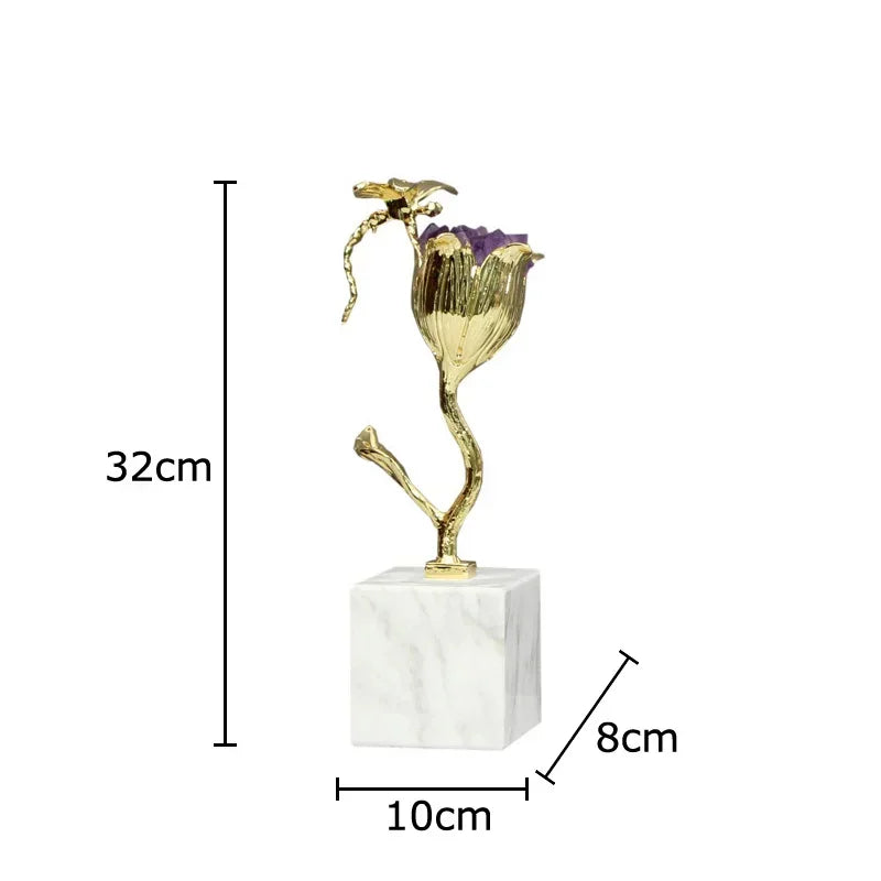 Afralia™ Amethyst Flower Ornaments Gold-plated Dragonfly Decor Sculpture Room Decor