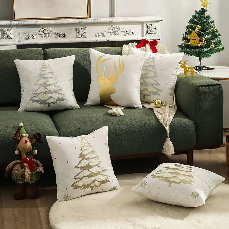 Afralia™ White Gilded Christmas Tree Pillow Covers, 45x45cm Festival Cushion Cover