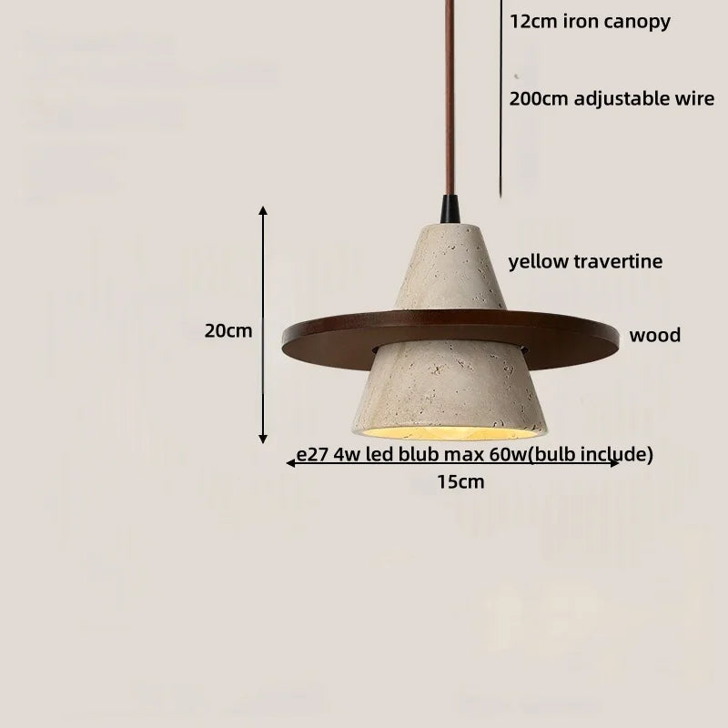 Afralia™ Wabi Sabi LED Pendant Light - Yellow Travertine Brown Wood - Modern Stone Hang Lamp