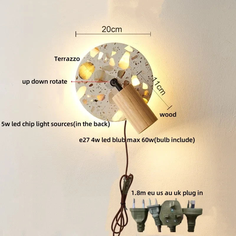 Afralia™ Terrazzo LED Wall Lights Iron Rotate Pull Chain Switch Wood Bedside Lamp