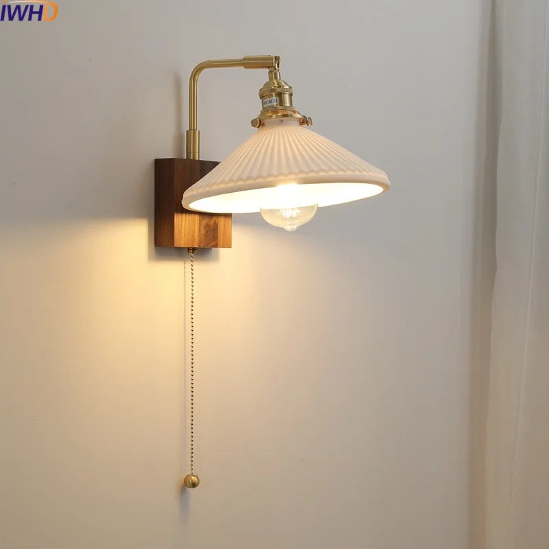 Afralia™ Walnut Ceramic LED Wall Lamp Pull Chain Switch - Modern Bathroom Mirror Light