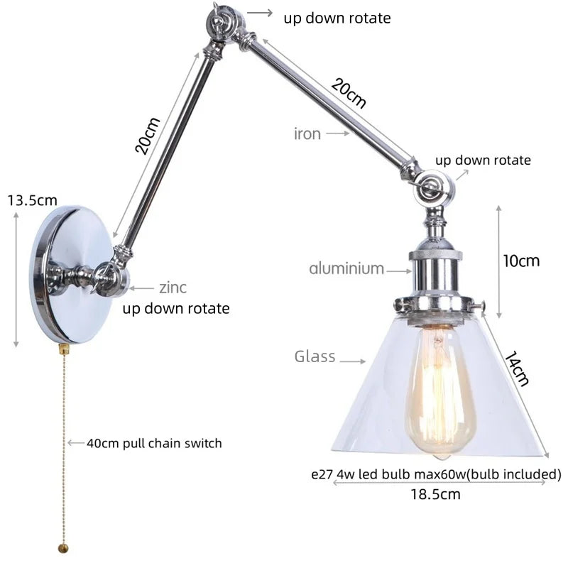 Afralia™ Chrome Industrial LED Wall Sconce Swing Arm Clear Glass Light