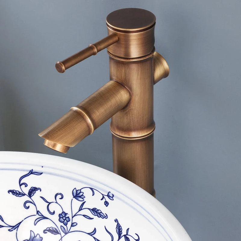 Afralia™ Blue & White Porcelain Basin Set with Bamboo Faucet and Pop Drain.