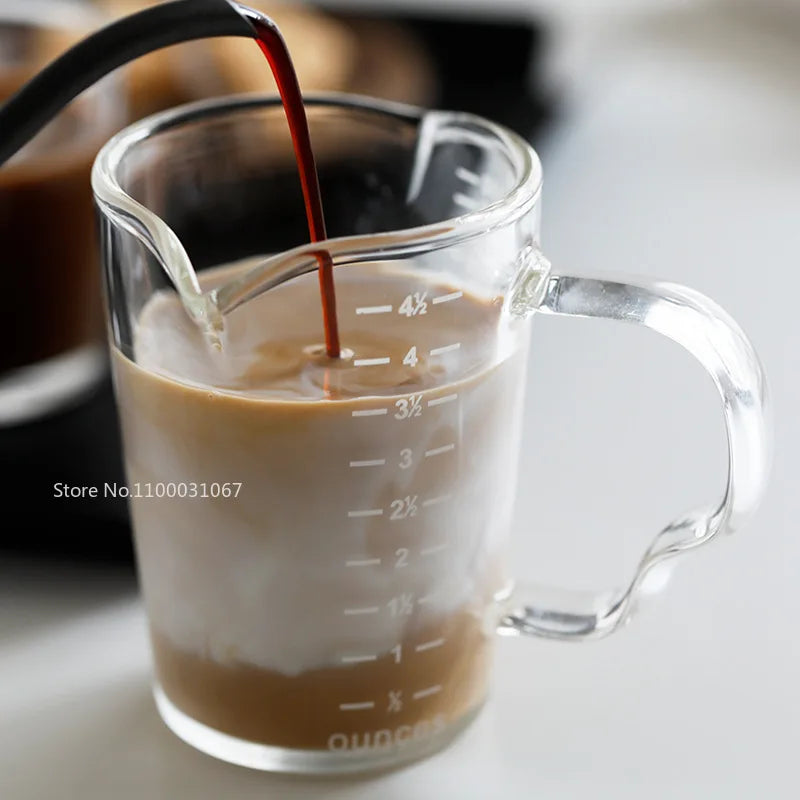 Afralia™ Espresso Glass Cup with Wooden Handle & Measuring Cup Milk Latte Jug