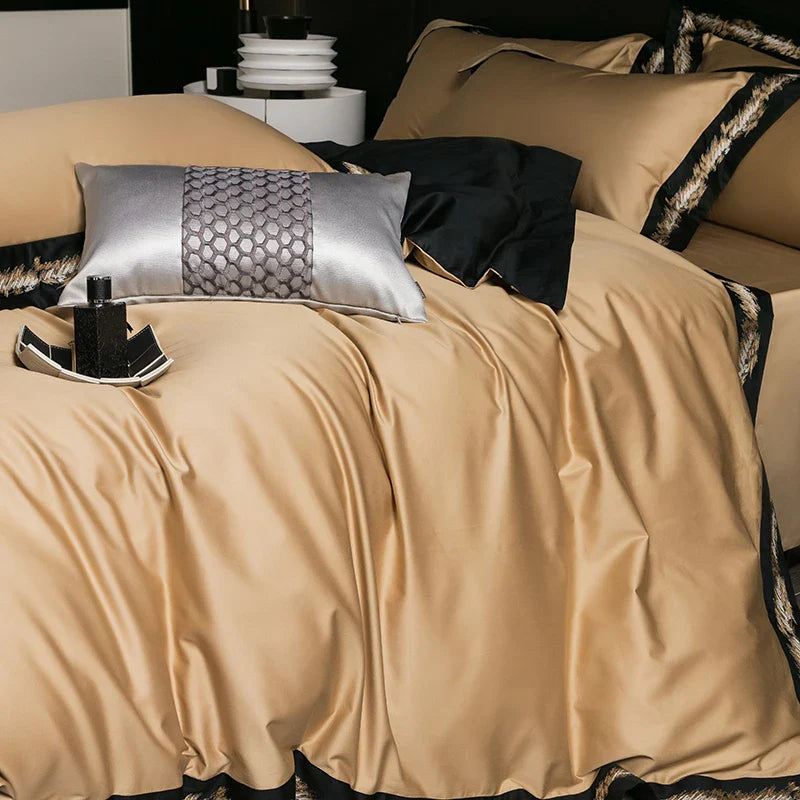 Afralia™ Luxury Jacquard Embroidery Bedding Set in Champagne Gold and Black