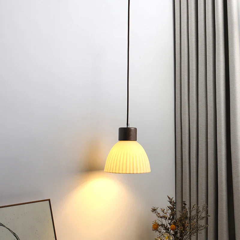Afralia™ Wood LED Pendant Lamp White Ceramic Ball Hanging Lights