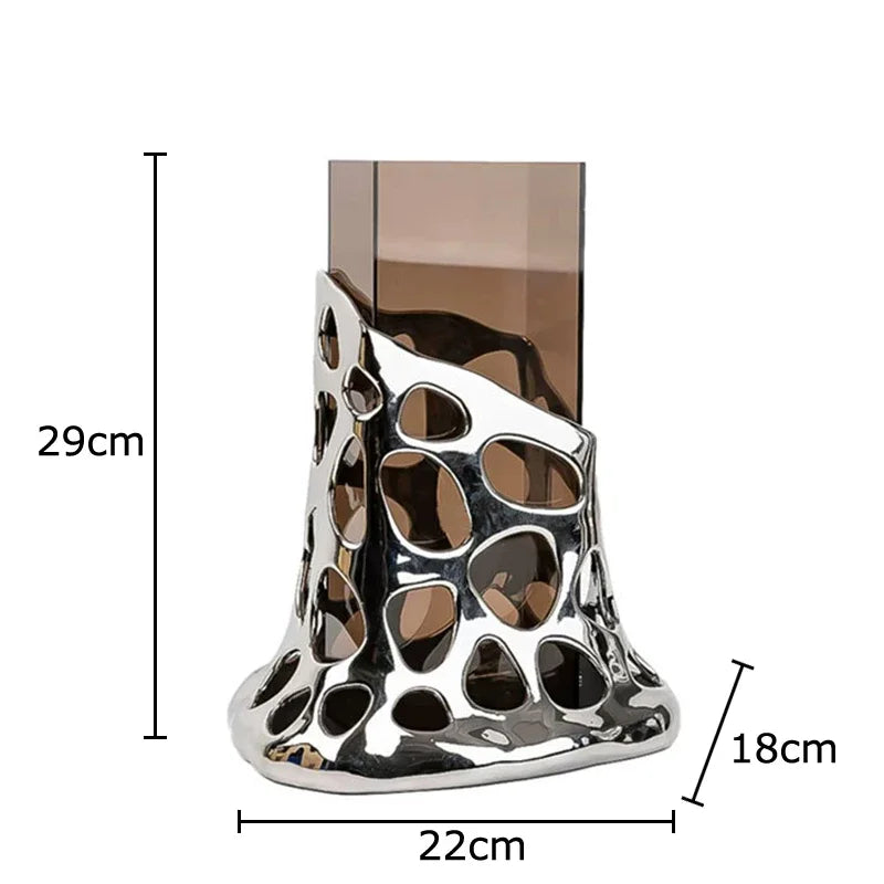 Afralia™ Gold Plated Hollowed Vase for Desk Decoration and Floral Arrangement