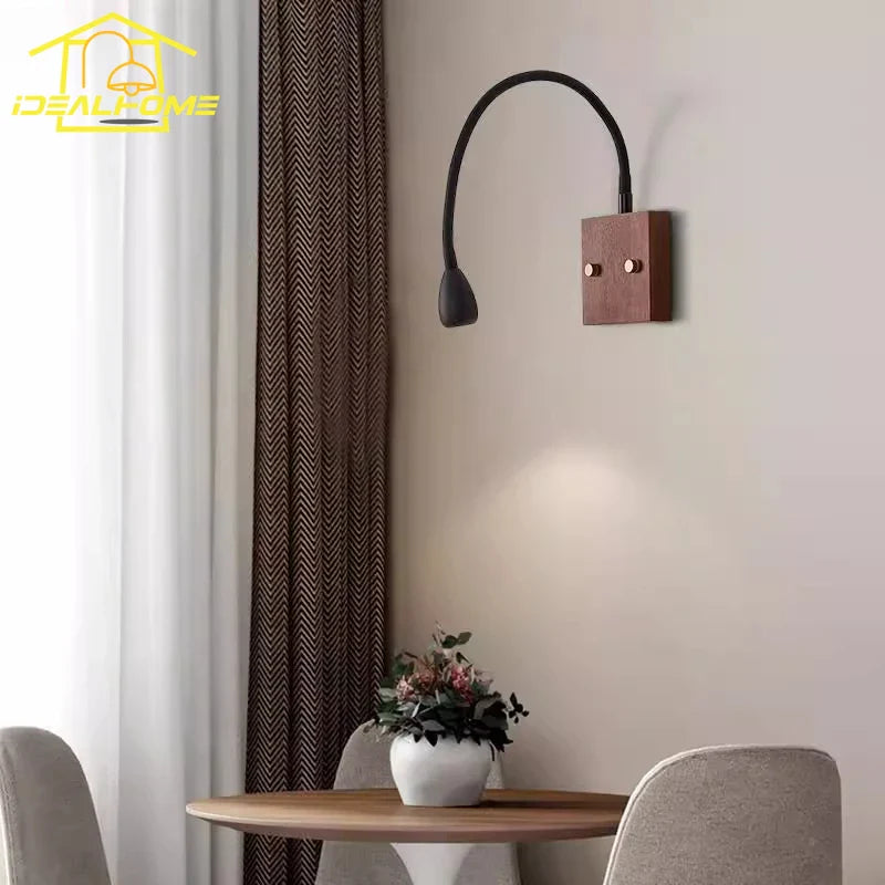 Afralia™ Walnut Wood LED Wall Lamp for Bedroom Study Cafe, Adjustable Universal Joint