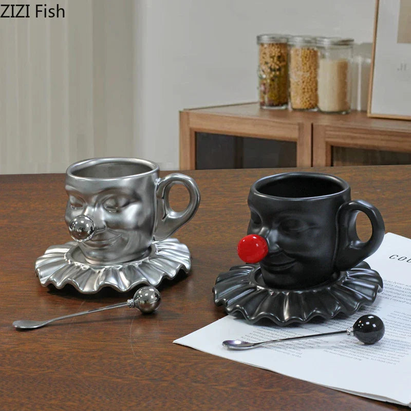 Afralia™ Joker Head Cup & Saucer Porcelain Coffee Mug Set - Clown Character Tea Teacup