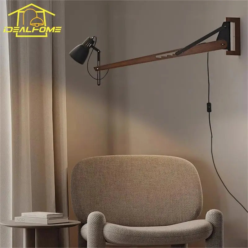 Afralia™ LED Long Pole Swing Arm Wall Lamp, Solid Wood, Adjustable, Industrial Designer