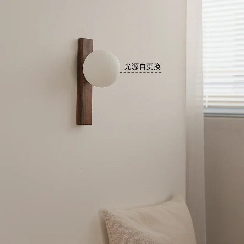 Afralia™ Walnut Wood and Glass Sphere Wall Sconce, Wabi-sabi Modern Style