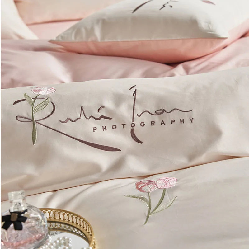 Afralia™ Luxury 100S Long Staple Cotton Embroidery Bedding Set, Ultra Soft Solid Duvet Cover, Double King Size