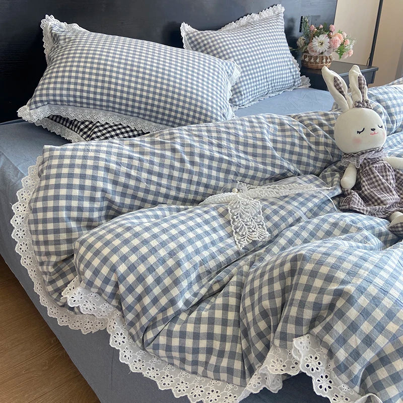 Afralia™ Vintage Lace Cotton Quilt Cover Set, Plaid Design, Black & White, 4Pcs