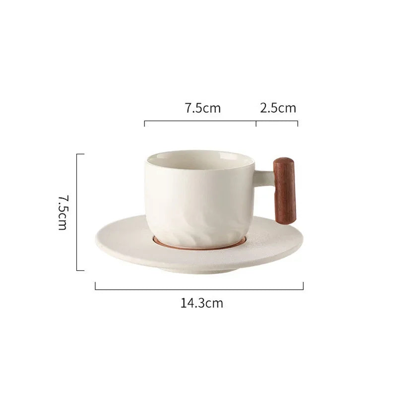 Afralia™ 130ml Blue Ceramic Retro Coffee Cup with Saucer, Wooden Handle