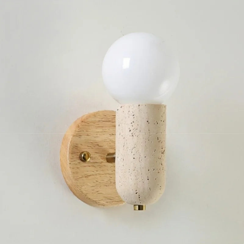Afralia™ Wood & Travertine LED Wall Sconce with Pull Chain Switch