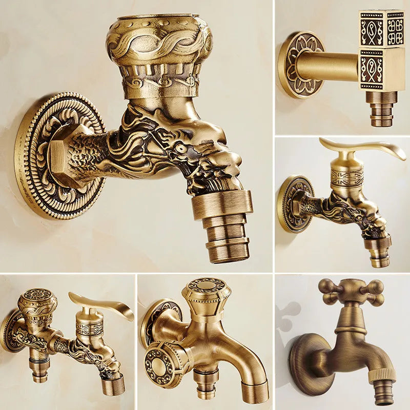Afralia™ Antique Brass Dragon Carved Outdoor Washing Machine Faucet Cold Tap