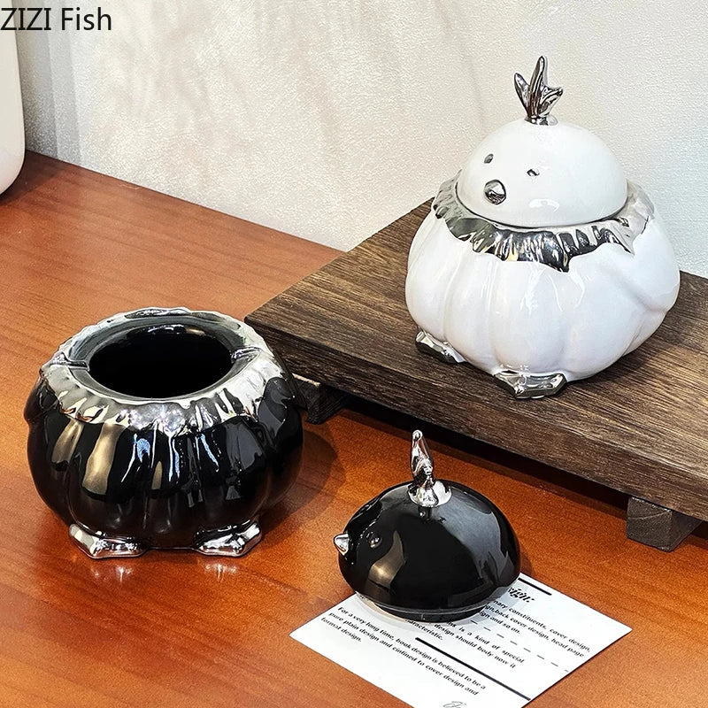 Afralia™ Garlic Duck Ceramic Ashtray with Lid - Unique Desk Decoration and Smoking Accessory