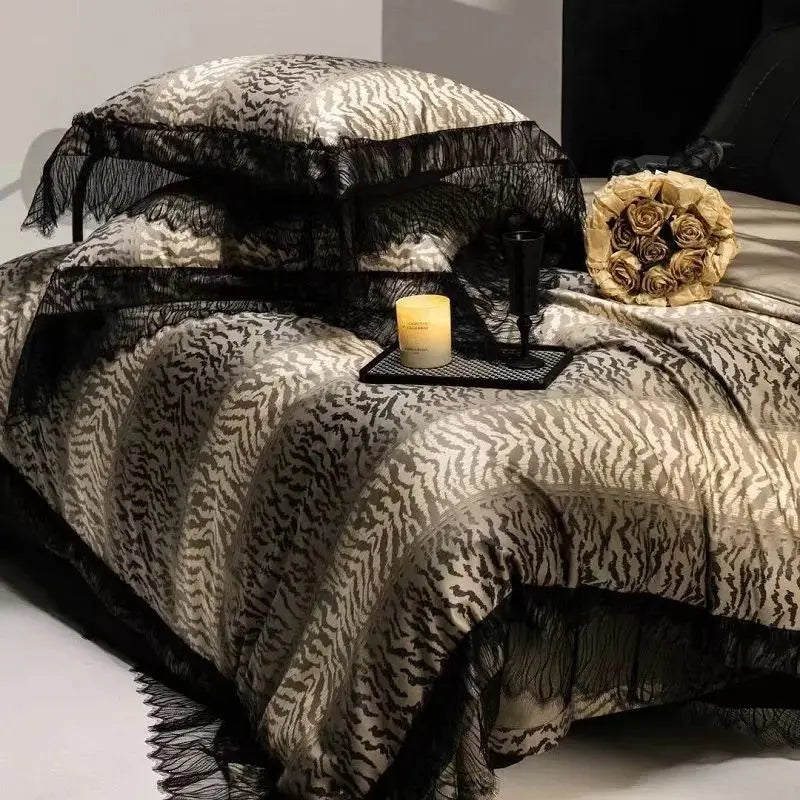 Afralia™ Black Lace Leopard Print 1000TC Egyptian Cotton Bedding Set 4Pcs