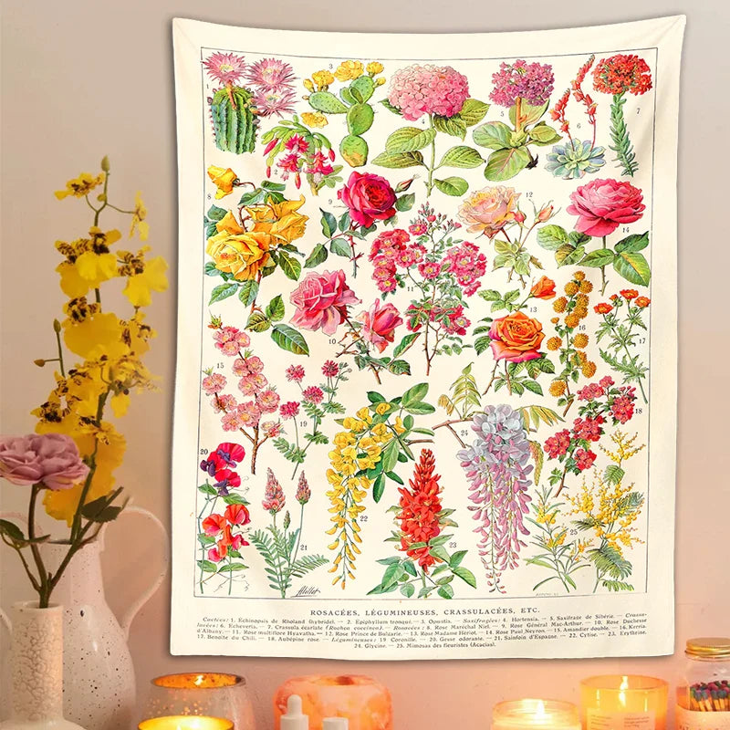 Afralia™ Botanical Floral Tapestry Wall Hanging Garden Flower Illustration Cactus Boho Hippie Dorm Decor