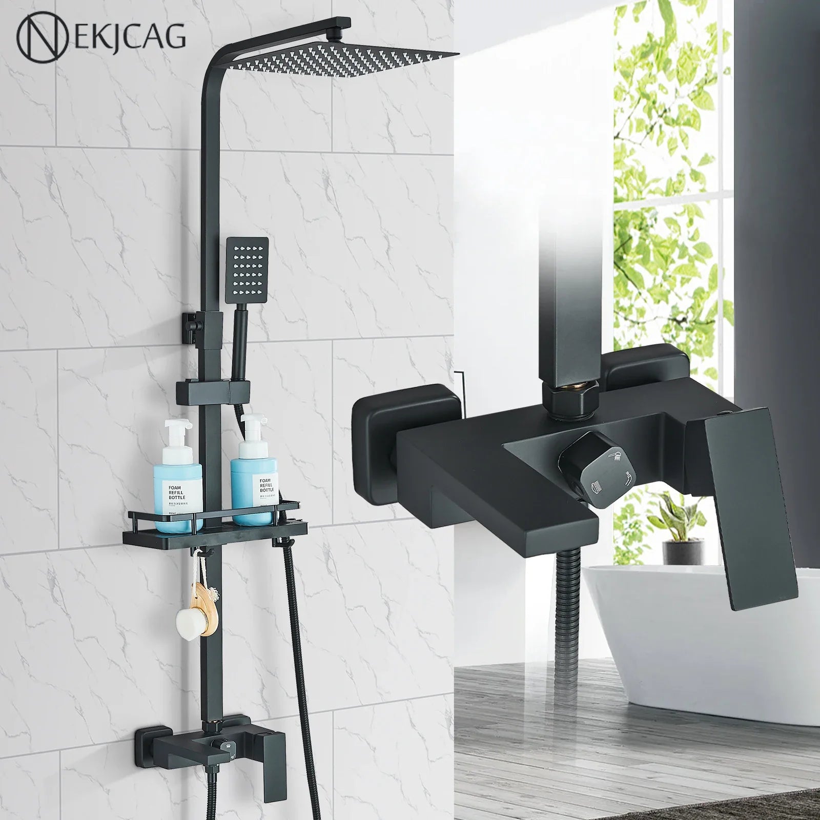 Afralia™ Matte Black Stainless Steel Shower Faucet Set with Rainfall Waterfall Bathtub Mixer
