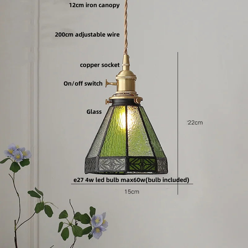 Afralia™ Loft Green Tiffany Glass LED Pendant Lights with Copper Knob Switch