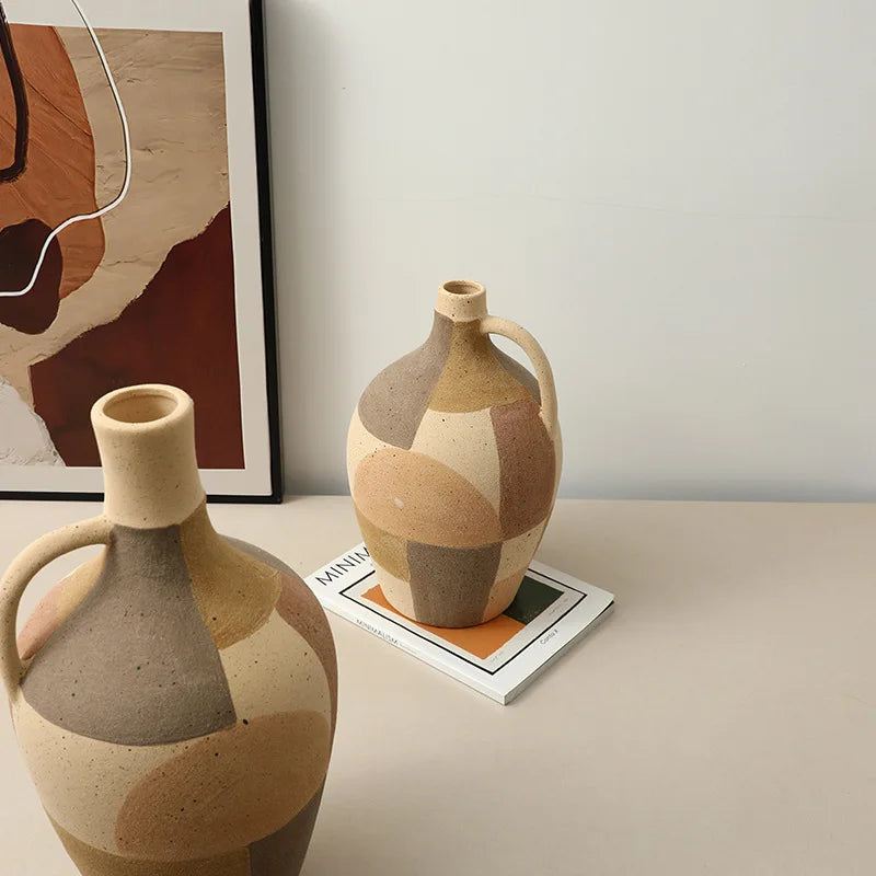 Afralia™ Checkered Color-blocked Ceramic Vase with Geometric Handle