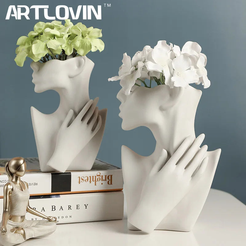 Afralia™ Nordic White Character Vase Bust Home Office Decor Statue Flower Head Pot