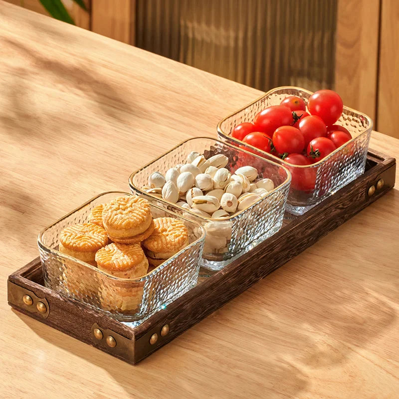 Afralia™ Glass Wood Tea Table Tray, Rectangular Snack Food Fruit Bowl Serving Tray