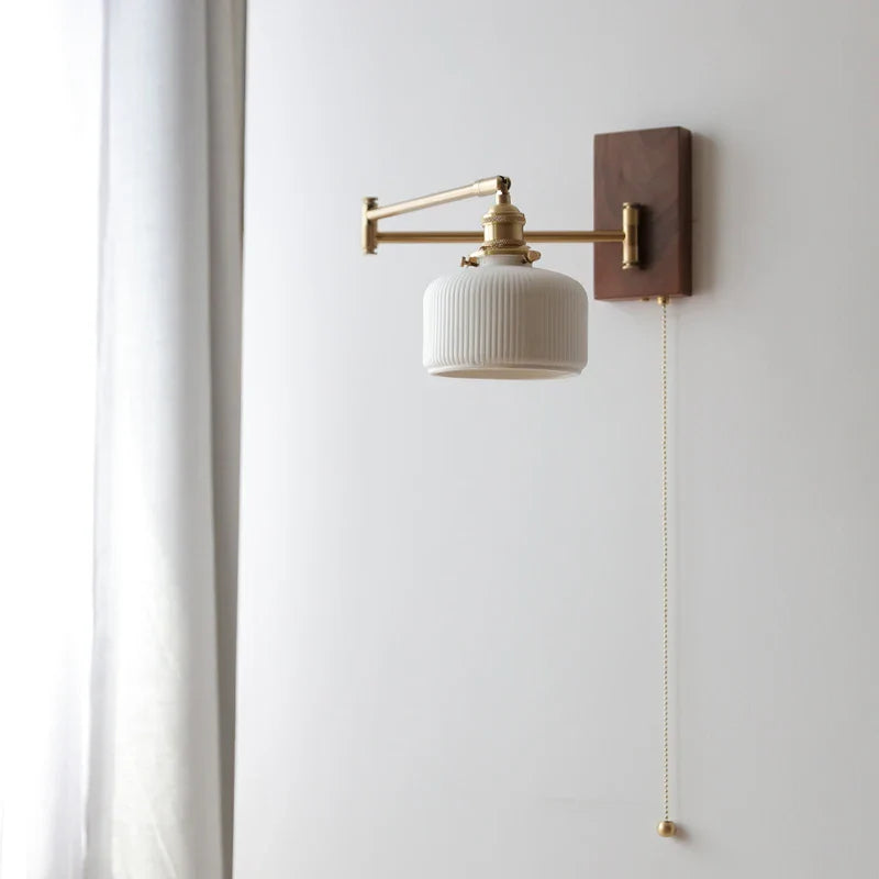 Afralia™ Wood Canopy LED Wall Lamp with Pull Chain Switch, Left Right Totate Arm Sconce